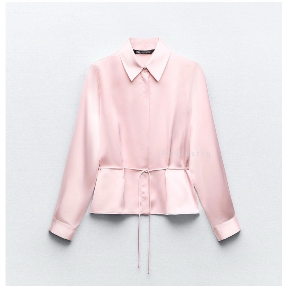 Zara Pale Pink Satin Tie-Waist Blouse